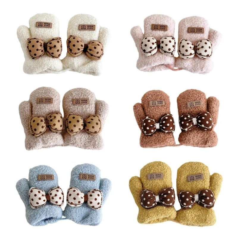 

Baby Winter Warm Gloves Cartoon Bowknot Decor Mittens Solid Thicked Plush Hand Warmer Windproof for Boys Girls