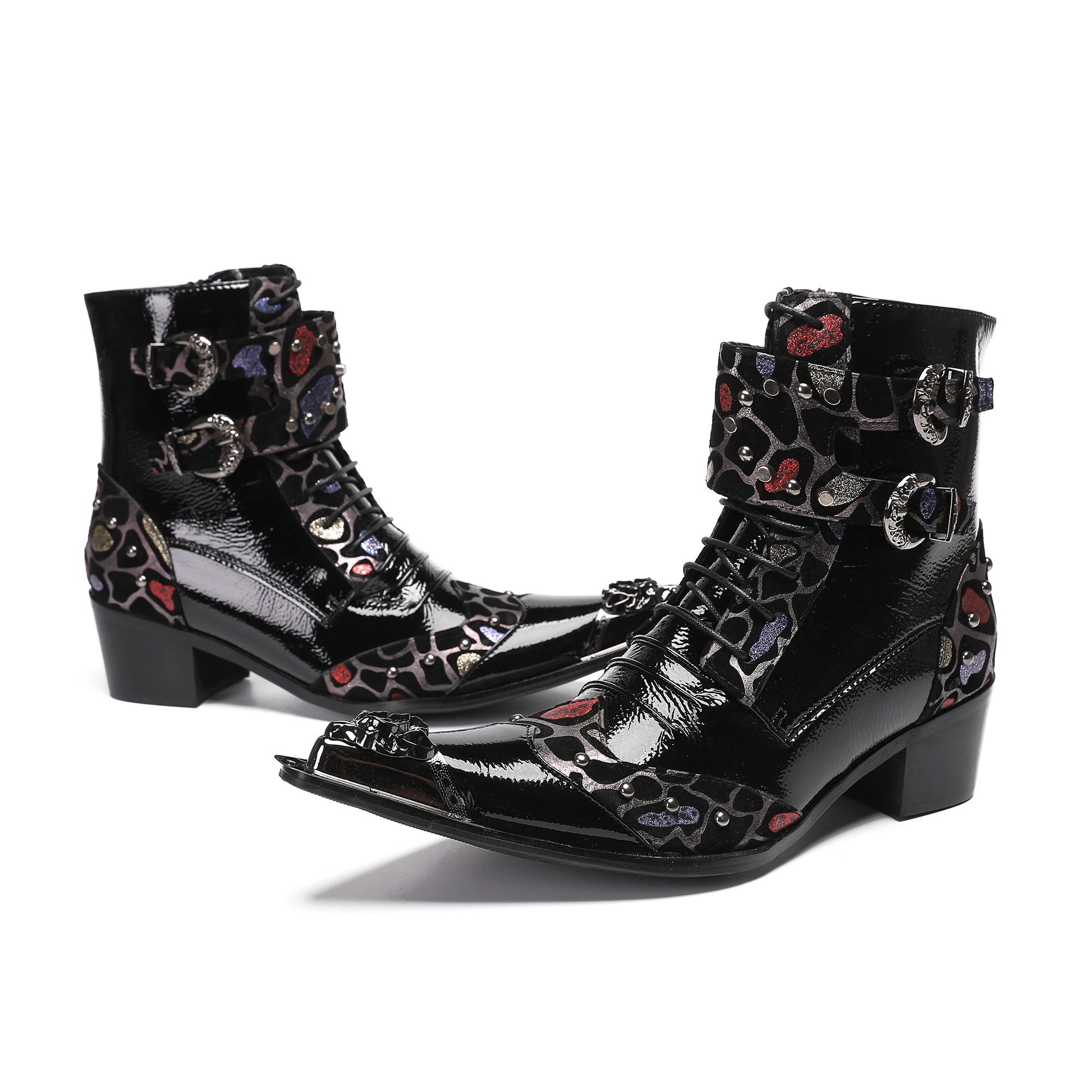 British Punk Style Men Short Ankle Boots High Heels Rivets Pointed Toe Dress Shoes Shiny Leather Mixed Color Zapatos Para Hombre