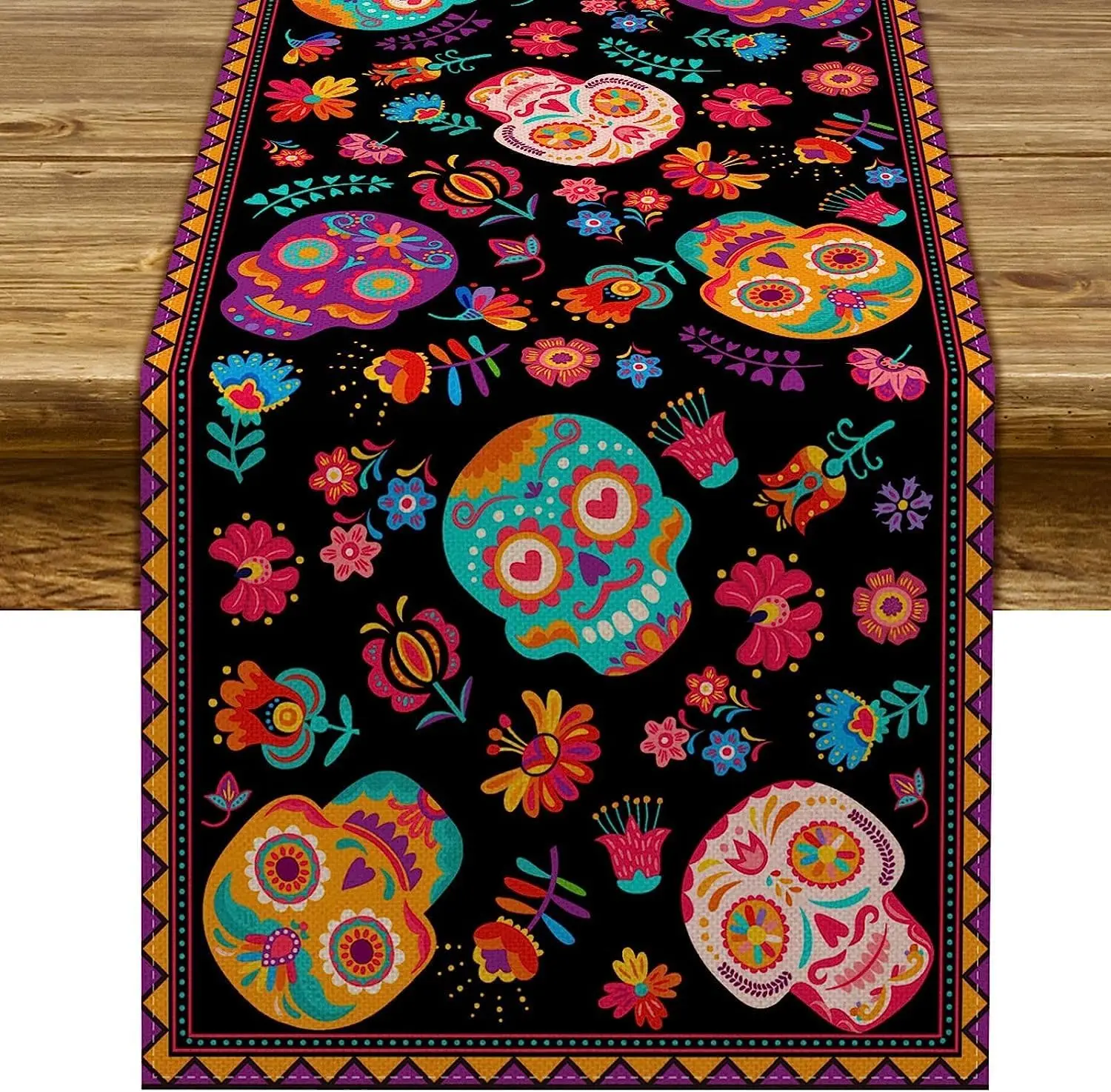 

Dia De Los Muertos Linen Table Runner Holiday Table Decor Mexican Day of The Dead Sugar Skull Dining Table Runners Halloween