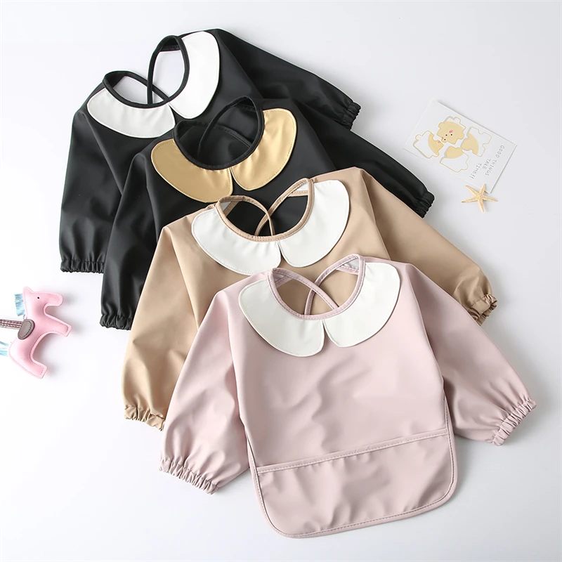 Easy Clean PU Full Sleeve Bib Baby Kids Solid Color Soft Faux Leather Children Apron Painting Meals Protection Waterproof  Smock