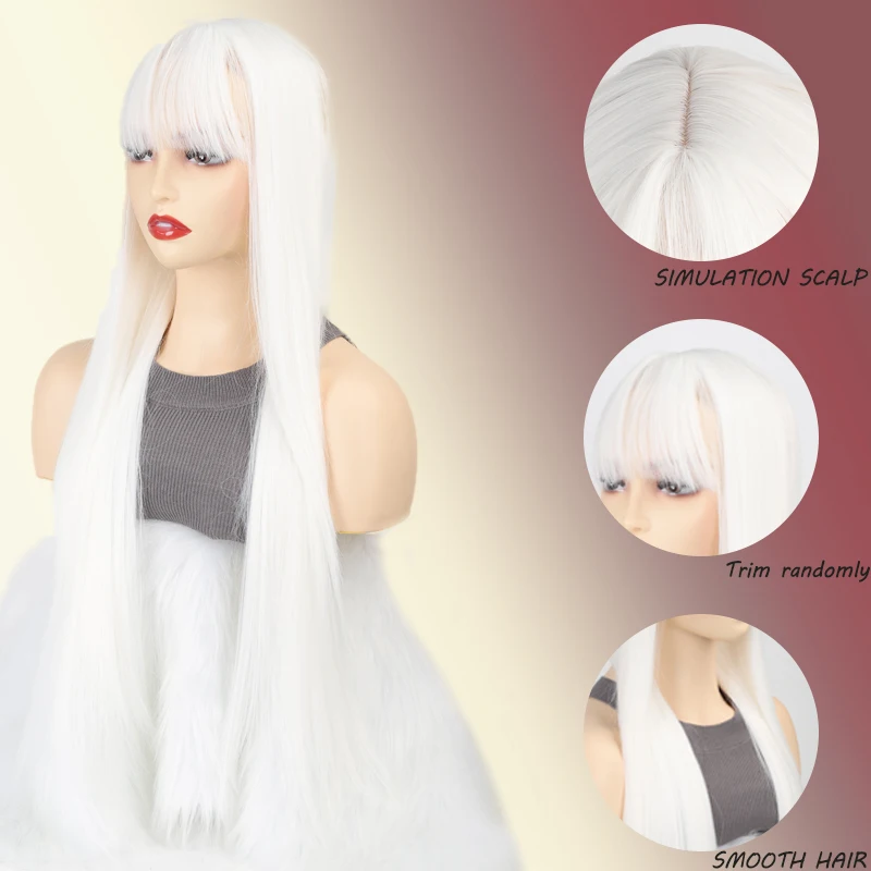 Synthetic Long Straight Hair Wig Lolita Wig With Bangs Girl Cute Ombre White Haired Girl Cosplay Party Halloween Harajuku Wig