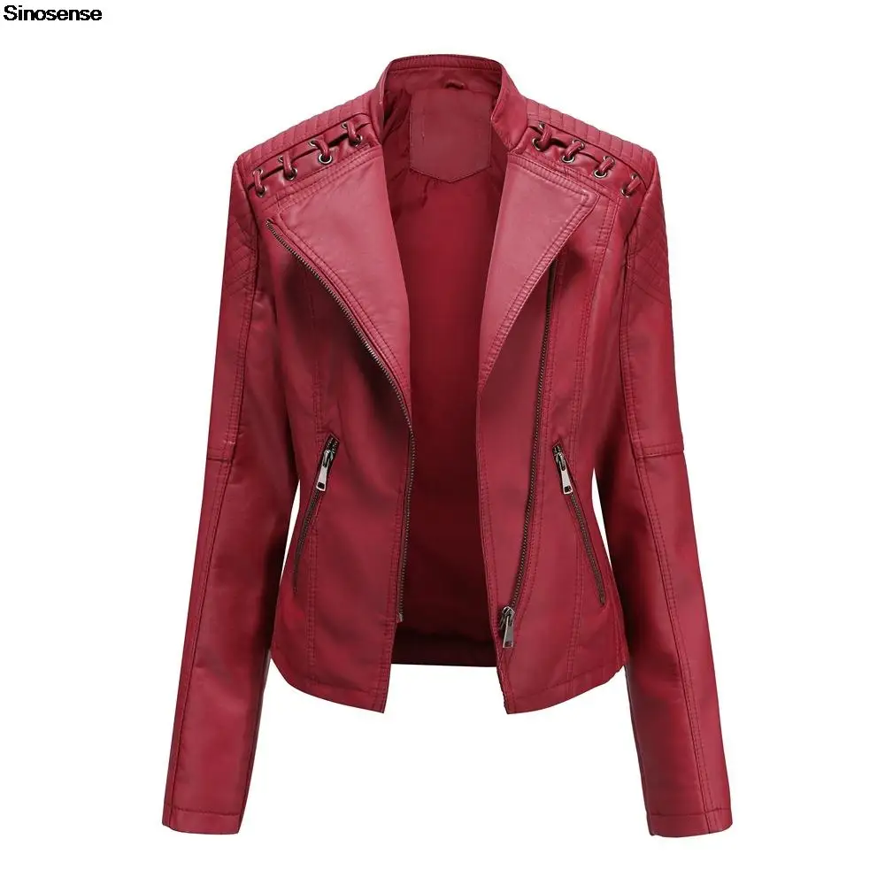 New Spring Autumn Red Faux Leather Jackets Zipper Coats Women Slim Pu