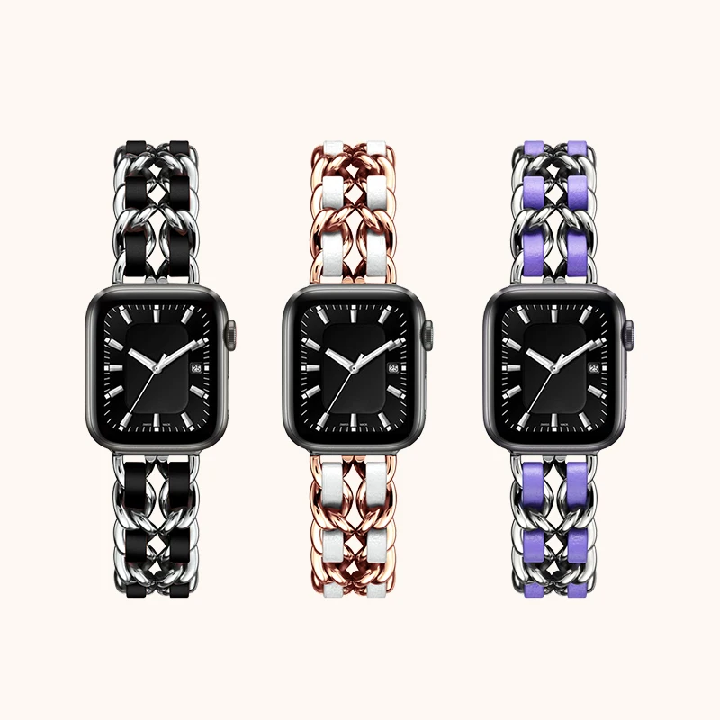 

Watchband Stainless Steel Chain Leather Bracelet Strap for Apple Watch 8 7 6 5 4 3 SE 40mm 42mm 44mm 41mm 45mm Ultra 49mm strap