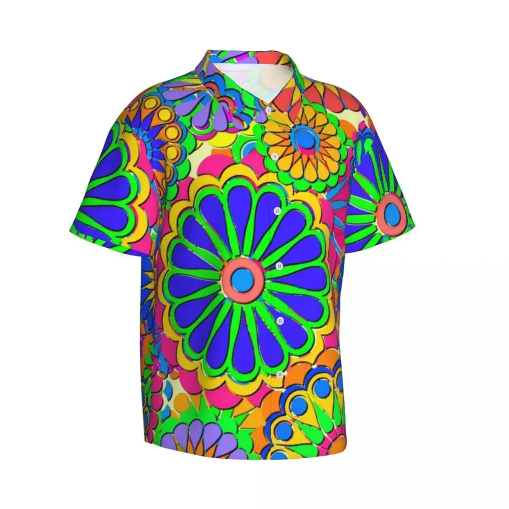 Hippie Style Vacation Shirt Man Colorful Flower Power Casual Shirts Hawaiian Short-Sleeve Classic Oversize Blouses Birthday Gift