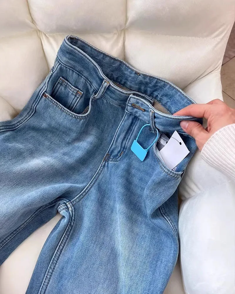 2025 Autumn/Winter Women's Jeans Vintage Narrow Fit Denim With Fleece Linings Loose Straight Wide Leg Pants 5