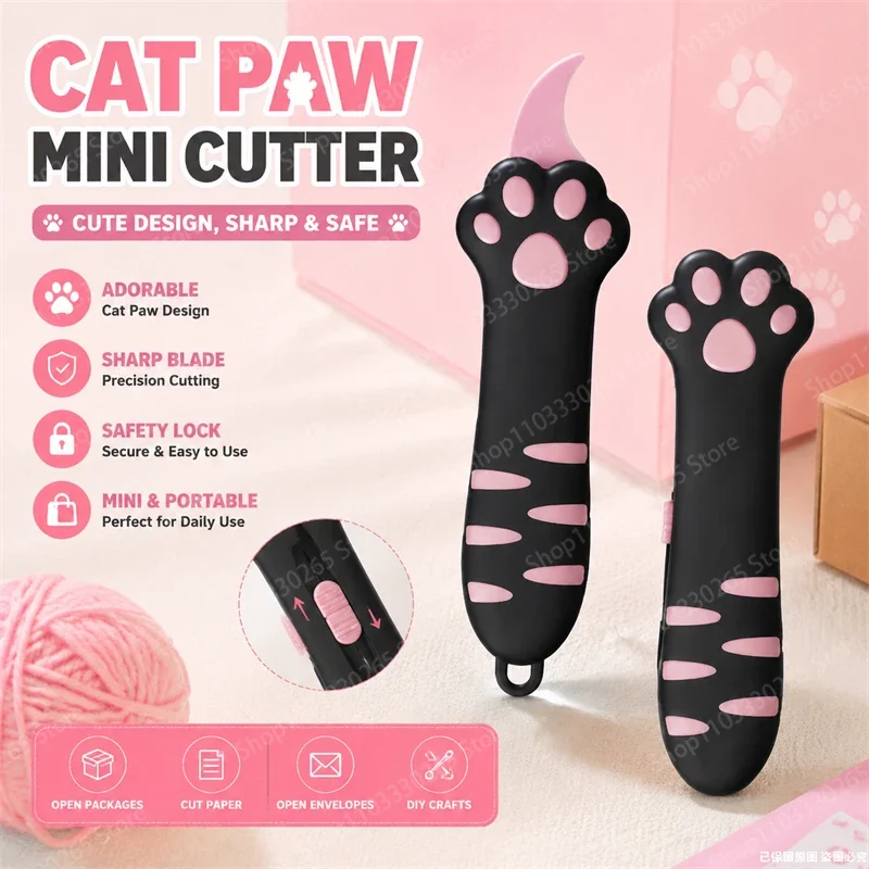 귀여운 고양이 발 모양 접이식 박스 오프너, 안전 잠금 스테인리스 미니 커터, 고양이 애호가를 위한 귀여운 포켓 도구 선물