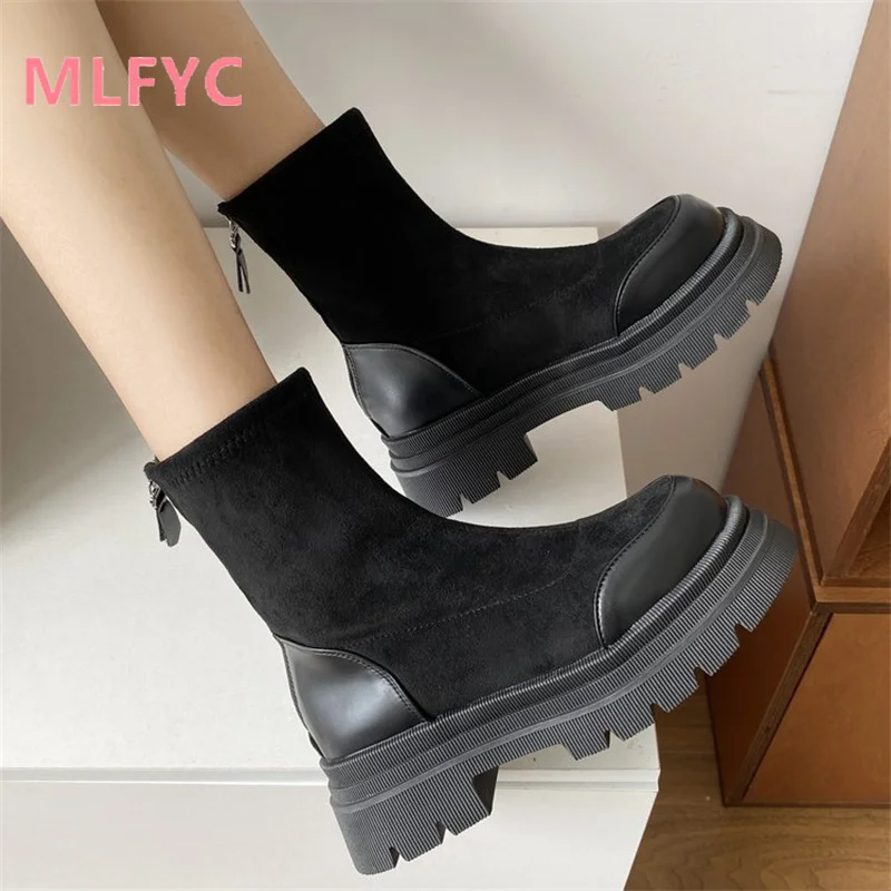 Vintage Thick Heel High Heel Short Boots 2023 Autumn/Winter New Thick Sole Elevated Elastic Boots Versatile Casual Boots