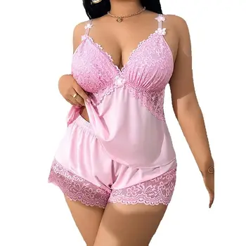 Plus Size Lace Trim Satin Sleepwear Set Deep V Neck Strap Design Home Comfortable Cool Sensual Underwear Ensemble for plus Size