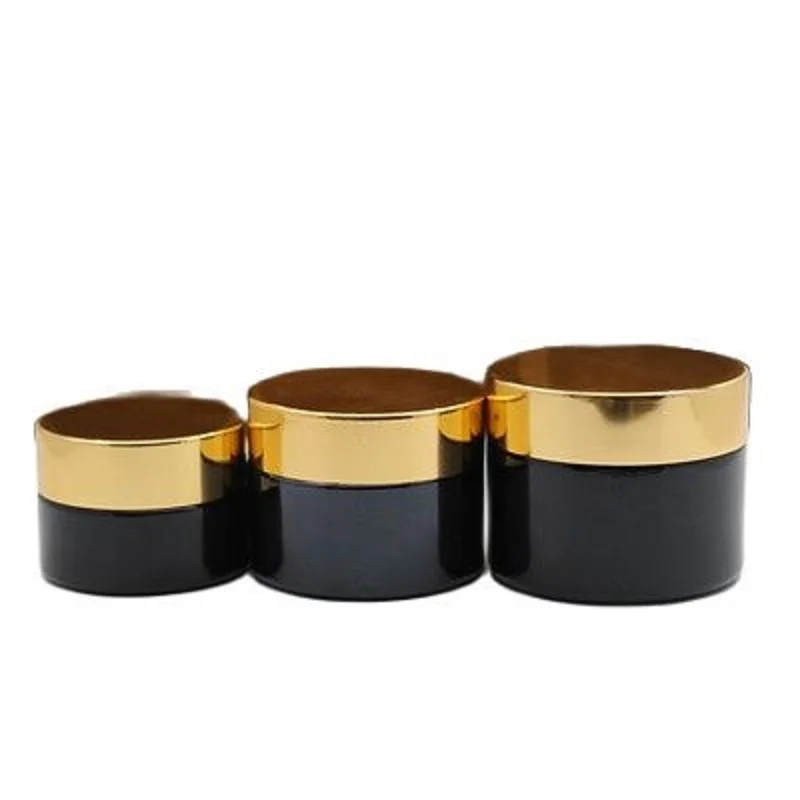 

20G 30G 50G Packing Empty Glass Black Jar Shiny Gold Lid Belt Inside Pad Refillable Cosmetic Portable Packaging Container 15Pcs