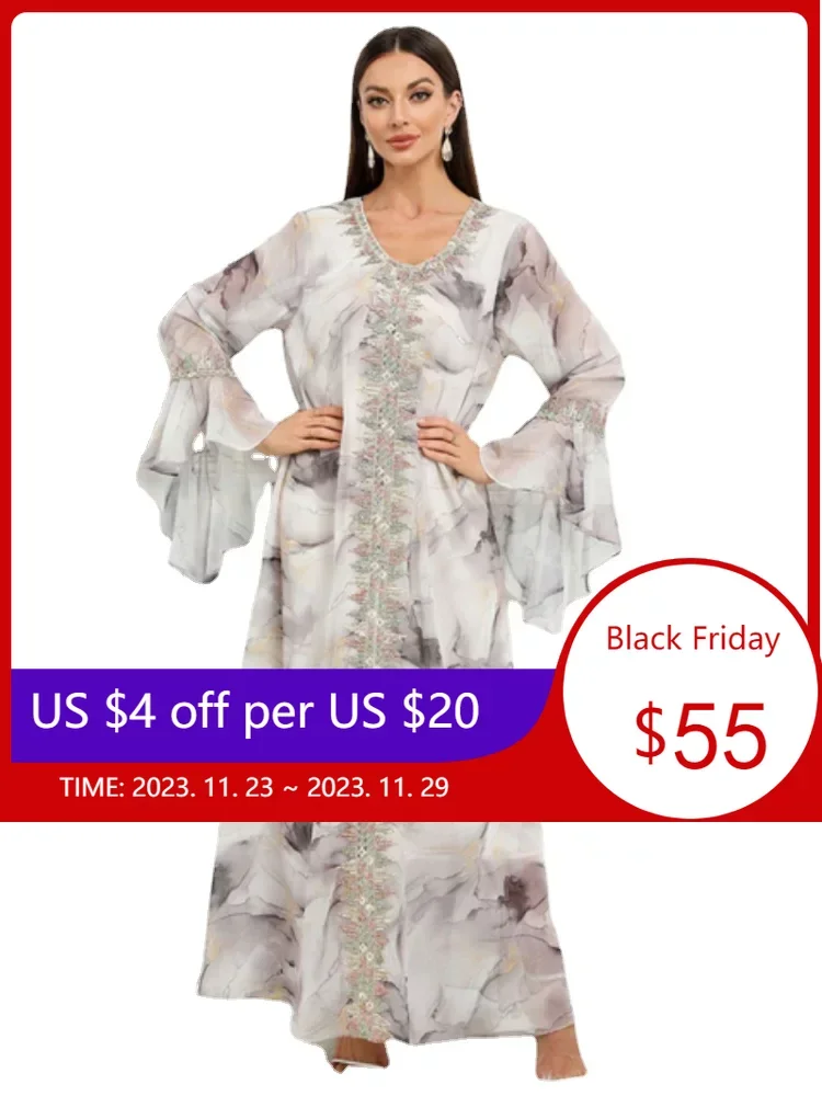 

Elegant Party Dresses For Women 2023 Floral Embroidery Guipure Lace Tape Long Robe Printed Flare Sleeve Modest Dress