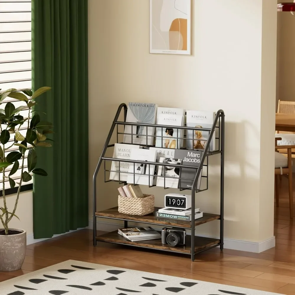 Magazine Holder Floor,2-Tier Metal Magazine Racks, Newspaper Display Stand with Board Shelves for Books and Brochure in Home 2