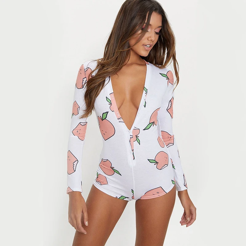 Women Long Sleeve Low Cut Bodycon Sleepwear Spicy Print Short Romper Pajamas Overalls Spring Autumn Housedresses