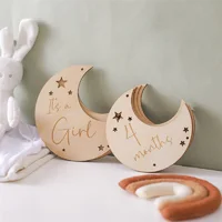 Baby Wooden Memorial Monthly Cards Moon Shape Monthly Newborn Engraved Age Photography Props Accessories Baby Birthing Gift 2