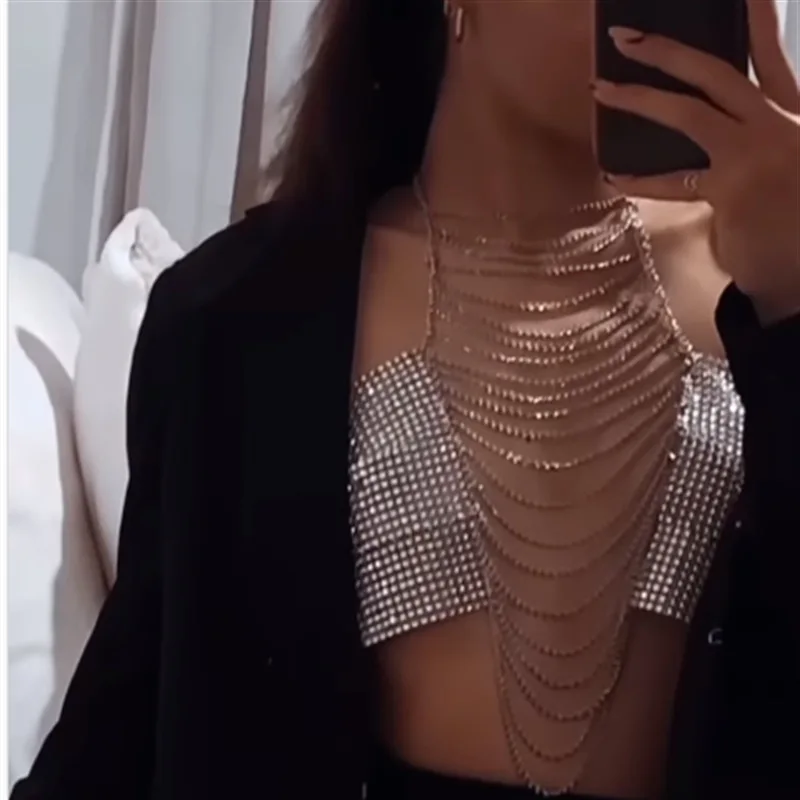 

Women Sexy Rhinestone-set Diamond Tassel Connected Halterneck Blouse Body Chain Tank Tops