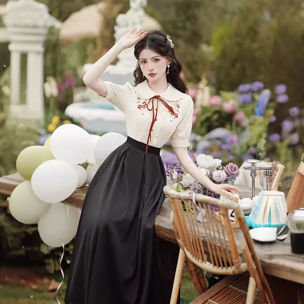 

New Retro Academy Style Doll Neck Embroidered Spliced Fake Two Pieces of Temperament Girl Dress