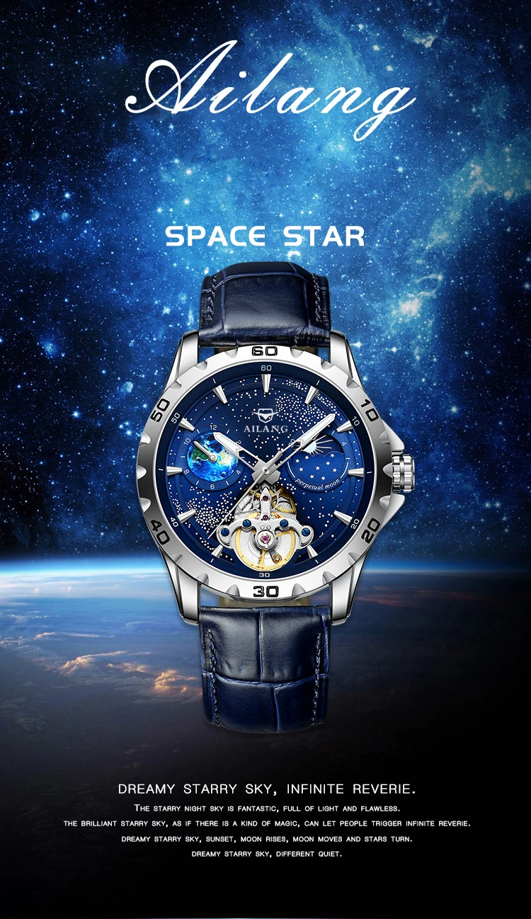 AILANG Fashion Blue Starry Sky Mechanische Uhr für Herren, luxuriöses Lederarmband, wasserdicht, leuchtend, automatische Tourbillon-Uhren_voghion.com