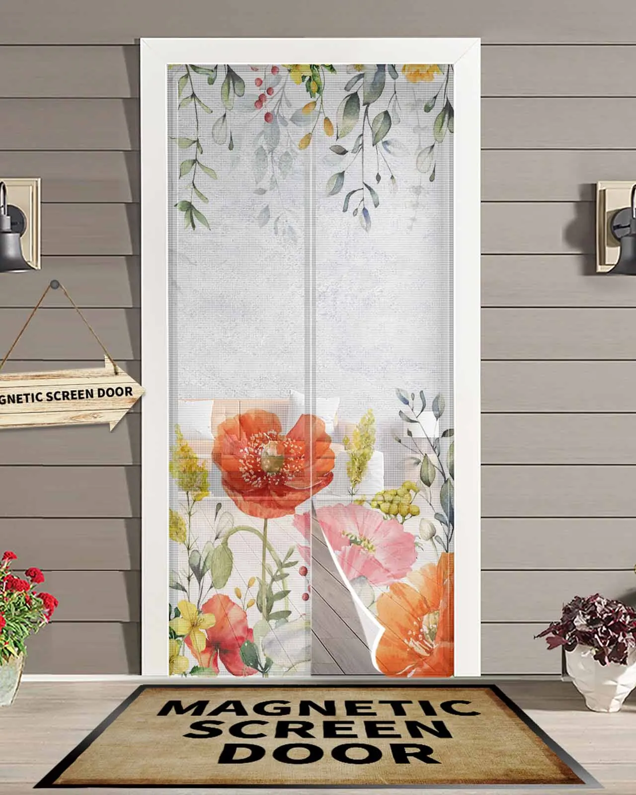 

Занавеска на дверь с изображением цветов тюльпанов и листьев