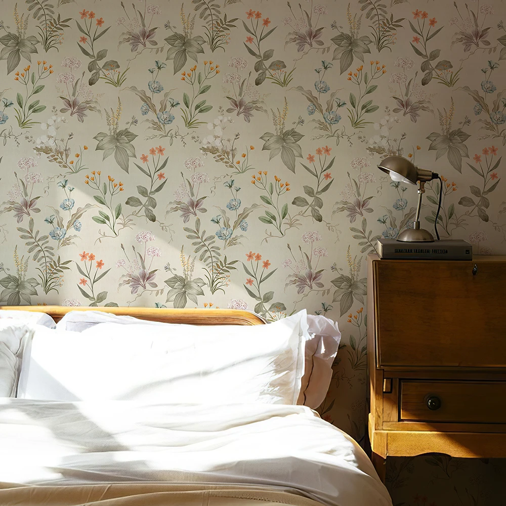 Retro Floral Light Yellow Floral Wallpaper Self-adhesive Home Decor Waterproof Flower Wallpaper PVC Furniture Cabinet Sticker 6