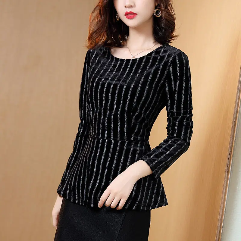 Commute Striped Waist Velvet Pullovers Autumn Winter All-match Long Sleeve Women's Clothing Casual O-Neck Korean Slim T-shirt