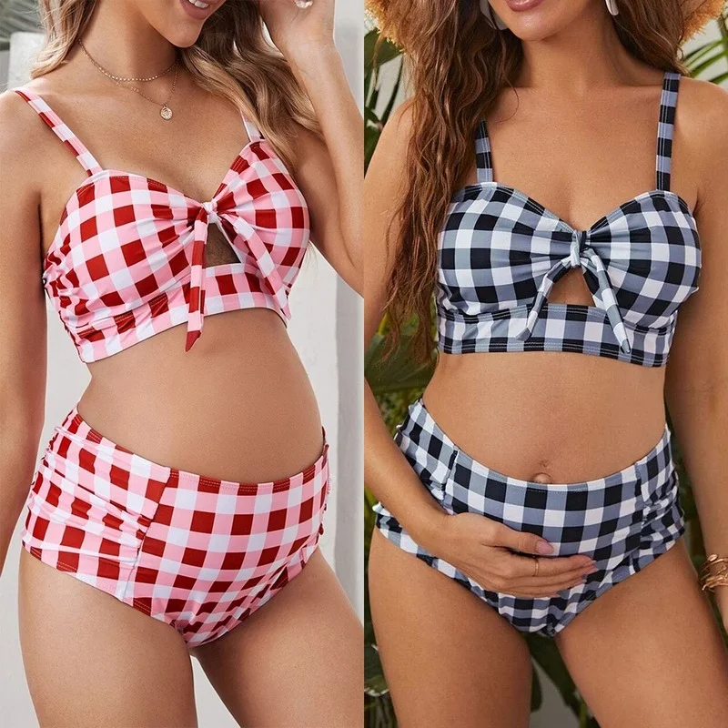 Sexy Women Swimsuit Maternity Tankinis Set Summer Plaid Swimwear for Premama Beachwear Pregnant Suit Bodysuit Bikini Set