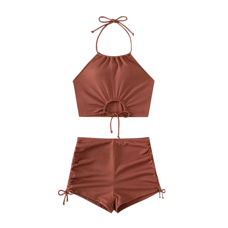2023 New Two Pieces Sets Swimwear Women Beach Sexy Lace Up Bikini Set Female Solid Color Swimsuit Beachwear Bathing Suit