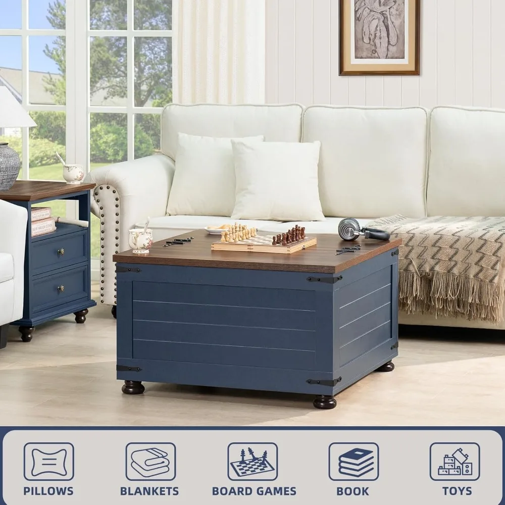 Farmhouse Coffee Table with Hidden Storage, Gallon Square Center Table for Living Room, Rustic Wood Cocktail Tables 6