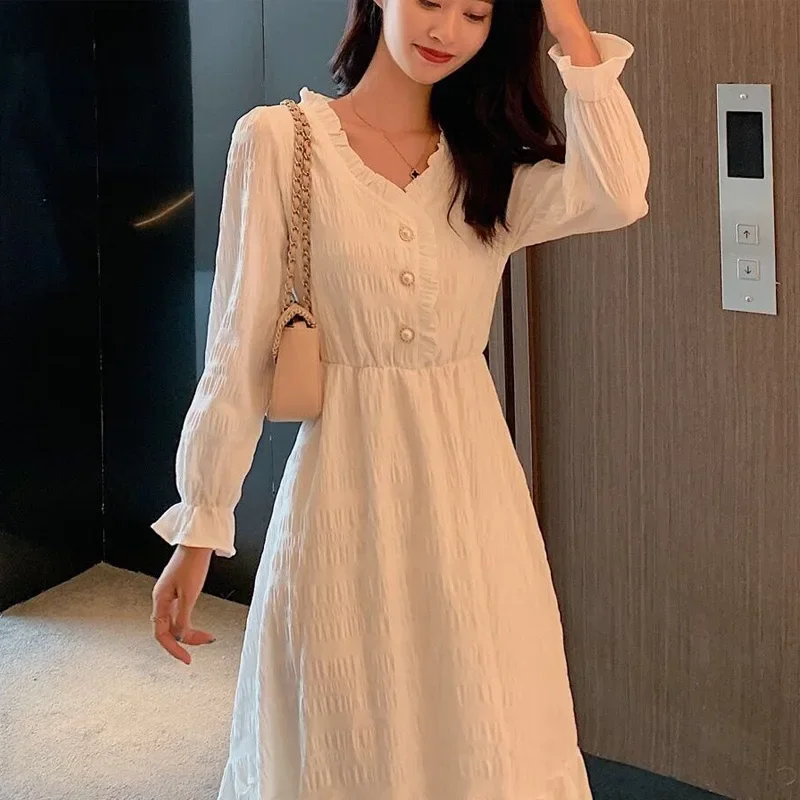 

Spring New White Pleated Button Patchwork Midi Dress V Neck Long Sleeve Solid Color Elegant Dress Fashion Korean Women Clothing