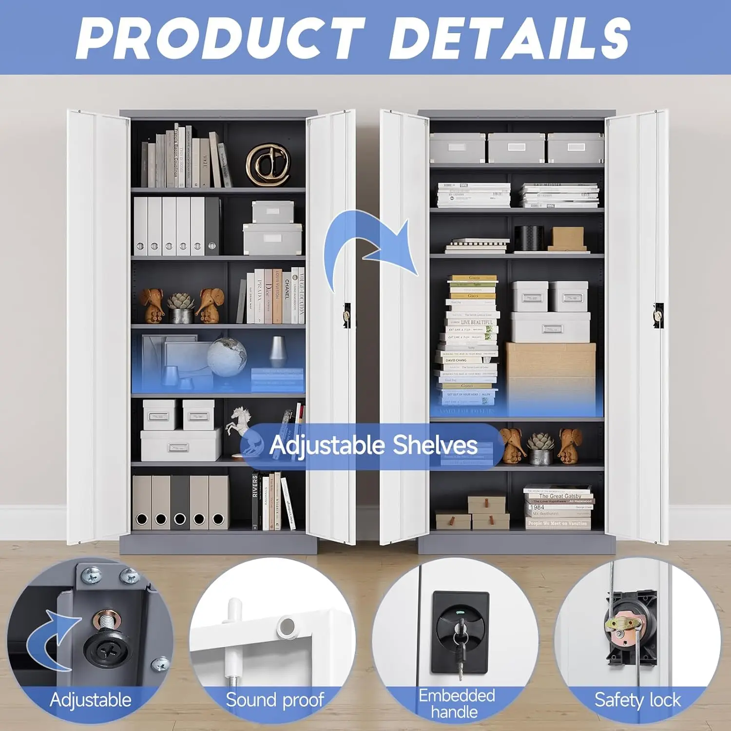Yizosh Metal Garage Storage Tool Cabinet with Lock 71" Locking 2 Doors 5 Shelves Tall Steel Heavy Duty File Gray White 6