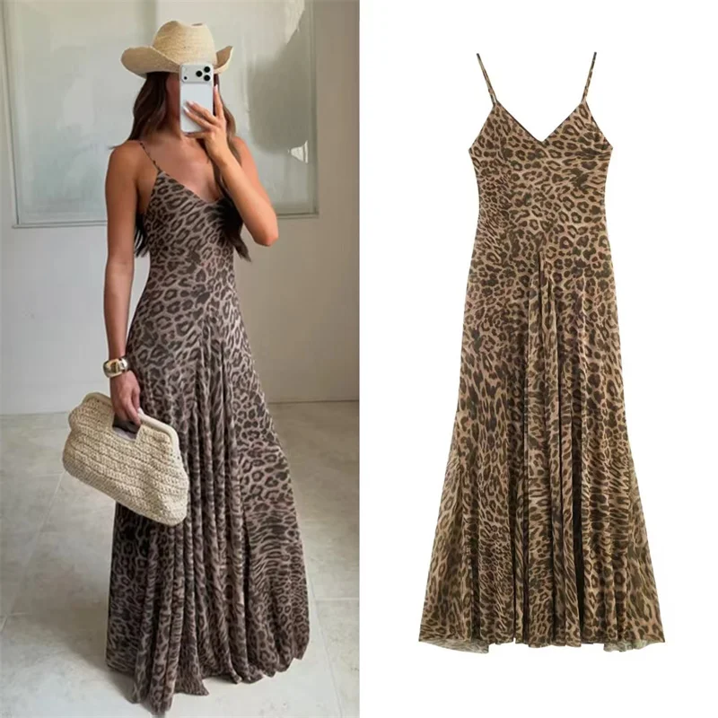 Nouvelle Robe d’été 2026 pour Femme, Imprimé Léopard, Bretelles Fines, Coupe Trapèze, Longueur Midi, Style Sexy, Tendance Sauvage et Individuel
