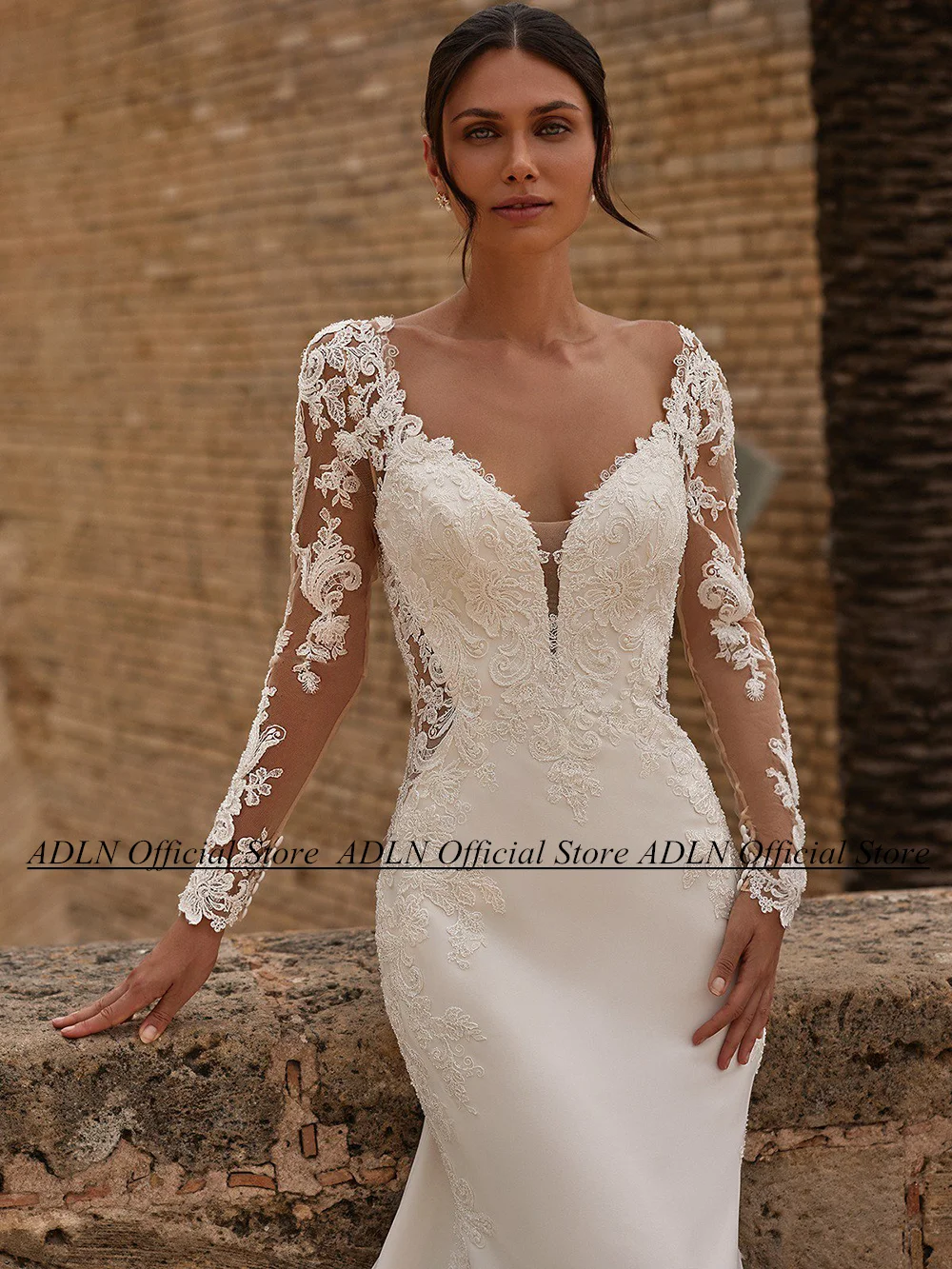 ADLN Mermaid Wedding Dresses 2025 Deep V Neck Long Sleeves Applique Illusion Back Buttons Court Train Jersey Bridal Gown 3