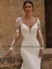 ADLN Mermaid Wedding Dresses 2025 Deep V Neck Long Sleeves Applique Illusion Back Buttons Court Train Jersey Bridal Gown 3
