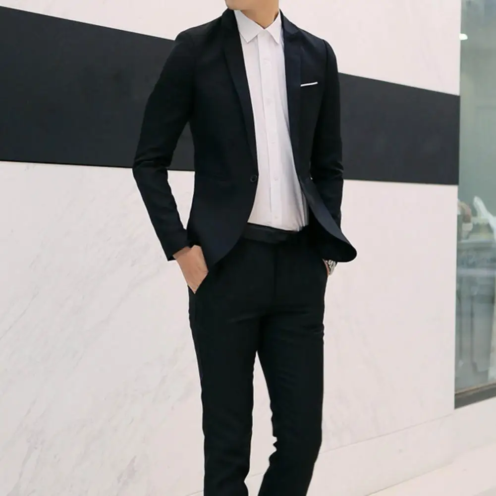 1 Set Blazer Pants Slim Fit Groom Suit Slimming Pure Color Blazer Pants