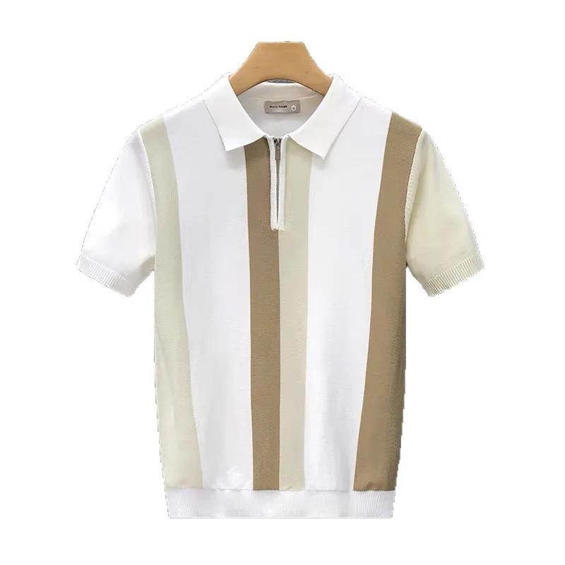 Maglione lavorato a maglia a maniche corte con collo a polo, mezza zip, color block, stile business britannico da uomo - immagine 5