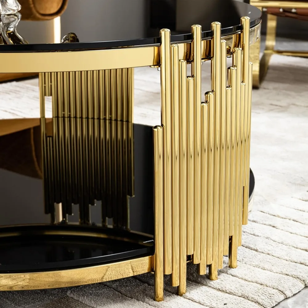 Round Glass Coffee Table Modern Luxury Black Center Table Living Room Table, Gold Stainless Steel Irregular Leg Cocktail Table 4