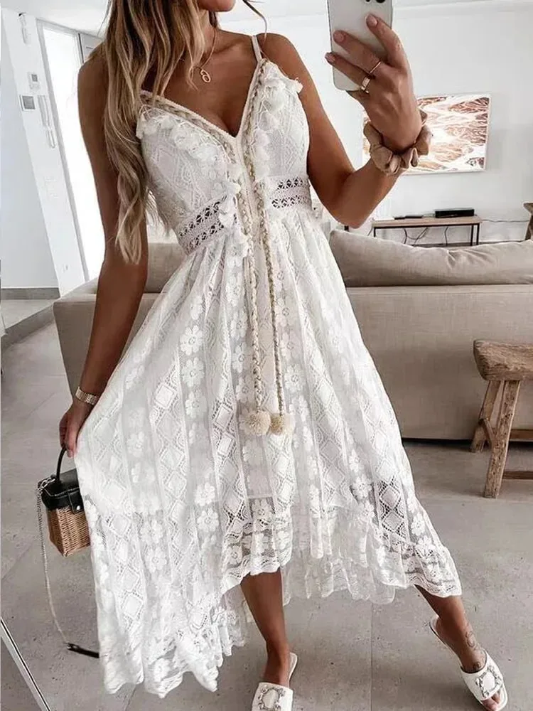 Women's V-neck Slim Shoulder Strap Sun Skirt Hook Flower Hollow Out Elegant Women's Vacation Bohemian Style Lace Dress 22194