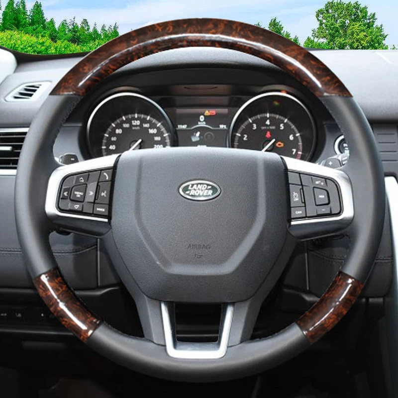 

Hand-stitched Black Non-slip peach wood color Leather Car Steering Wheel Cover for Land Rover Discovery Sport 2017 2016 2015