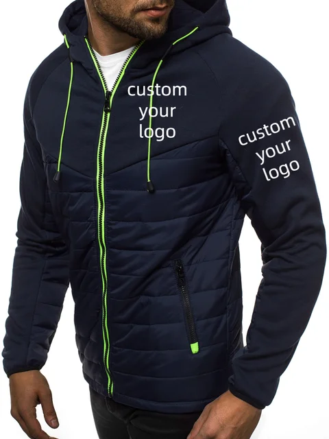 

Custom Logo Men's Jacket Brand Autumn Winter Patchwork Zipper Long Sleeve Hooded Fashion Casual DIY Design Male Coat S-2XL
