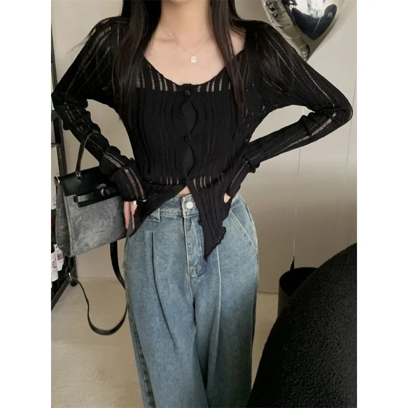 QWEEK-Cardigan de malha de manga comprida feminino, blusas finas de botão, streetwear estético casual de verão, moda coreana, Gyaru