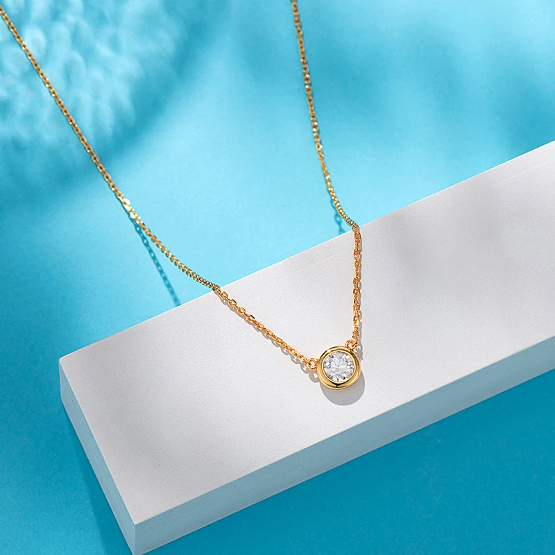 18K Gold Solitaire Bezel Setting 1CT Moissanite Diamond Dainty Delicate Pendant Neckace for Women Girls Sterling Silver Jewelry