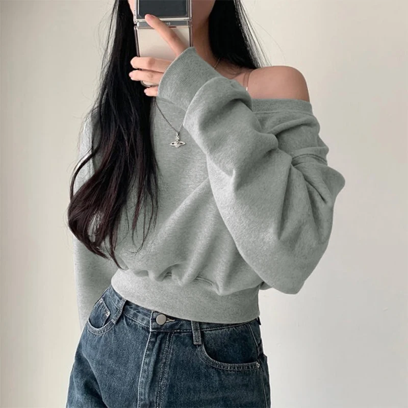 Elegant Solid Korean Streetwear Off-shoulder Long Sleeve Loose Tops Casual Cropped Sweatshirt For Women 3
