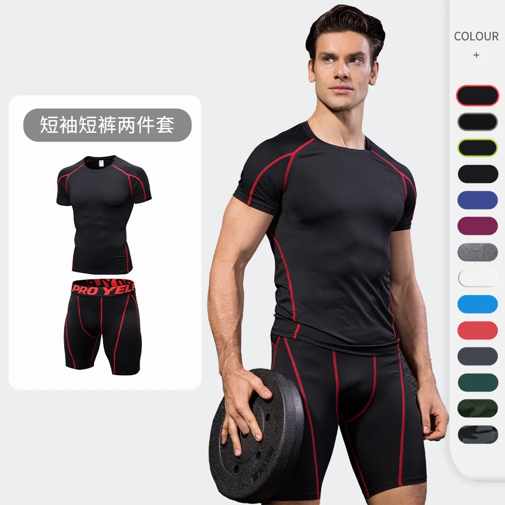 

Men's Fitness Suit Sweat Wicking Fast Drying Training Short Sleeve T-shirt Tight Running Shorts Sports Two-piece Set
