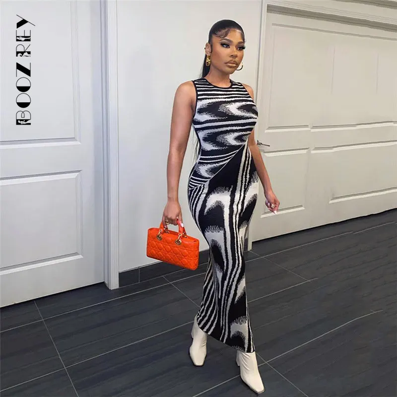 

BoozRey Animal Stripes Print Maxi Dress Women Casual Crew Neck Slim Elegant Body-shaping Sheath Ladies Silky Streetwear Clothing