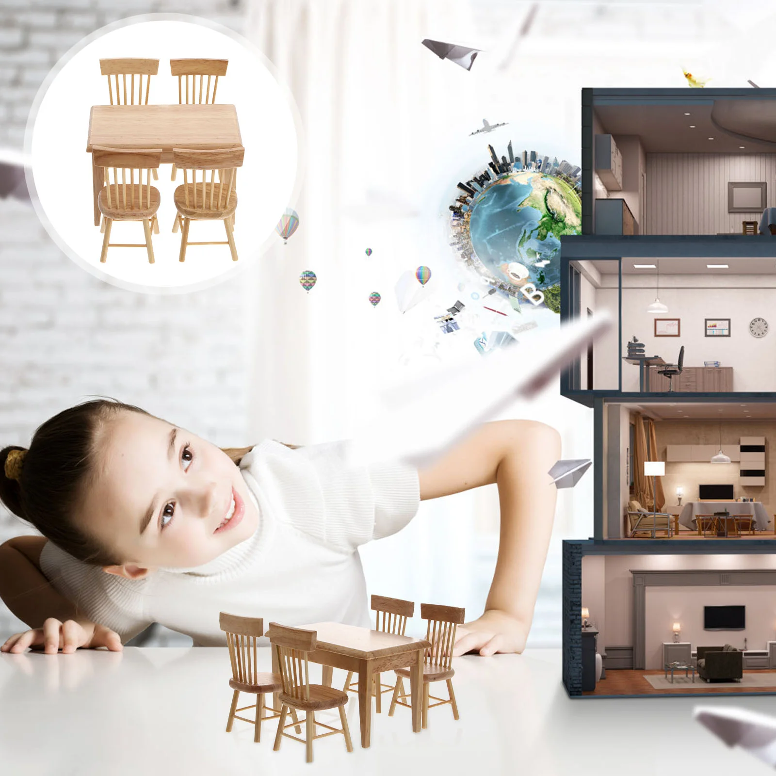 

Набор миниатюрных обеденных стульев, 1: 12 миниатюрный кухонный набор мебели (деревянный цвет)