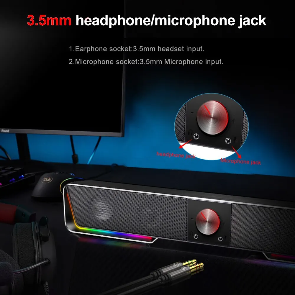 REDRAGON 다크넷 지지대 블루투스 무선 Aux 3.5 서라운드 RGB 스피커, 컴퓨터 PC 라우드스피커용 컬럼 사운드바, GS570