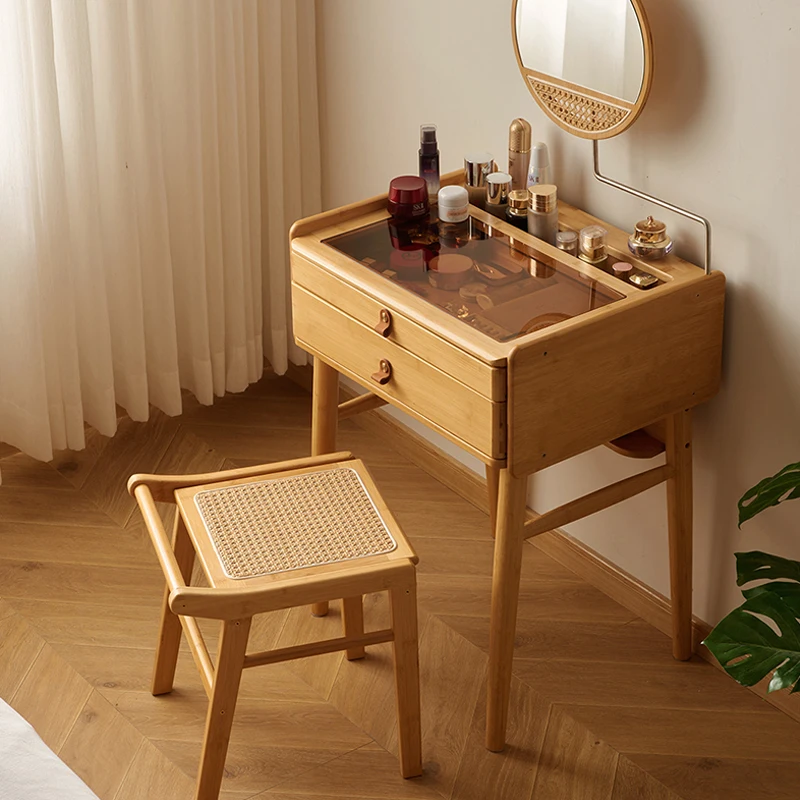 Japanese Style Multifunctional Household Use Makeup Rattan Woven Square Stool Living Room Solid Wood Dinning Chair Furniture