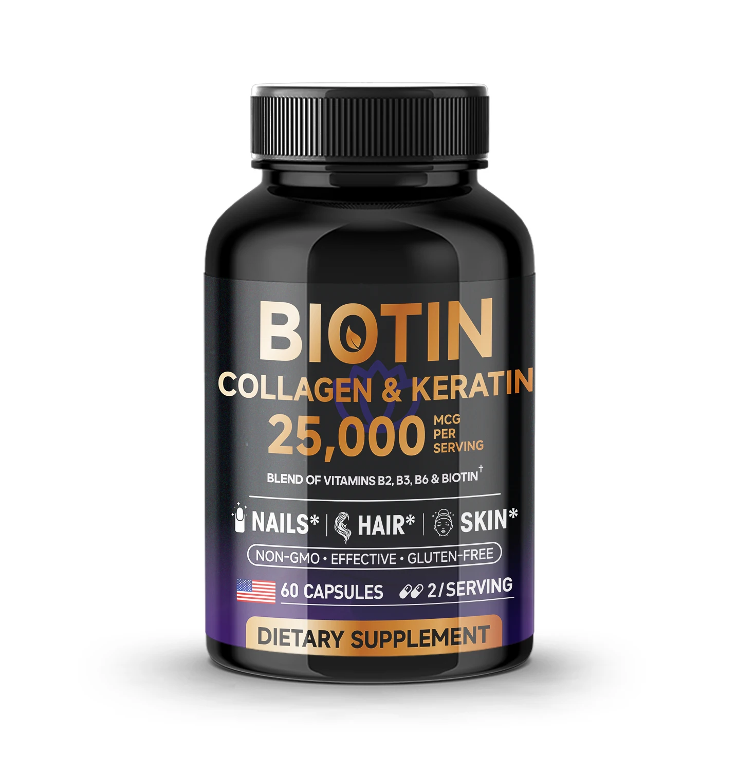 Biotin Collagen&Keratin 25000 mcg Vitamins B2, B3, B6 - Non-GMO Dietary Supplement for Hair Growth Support - USA Made - 60 caps
