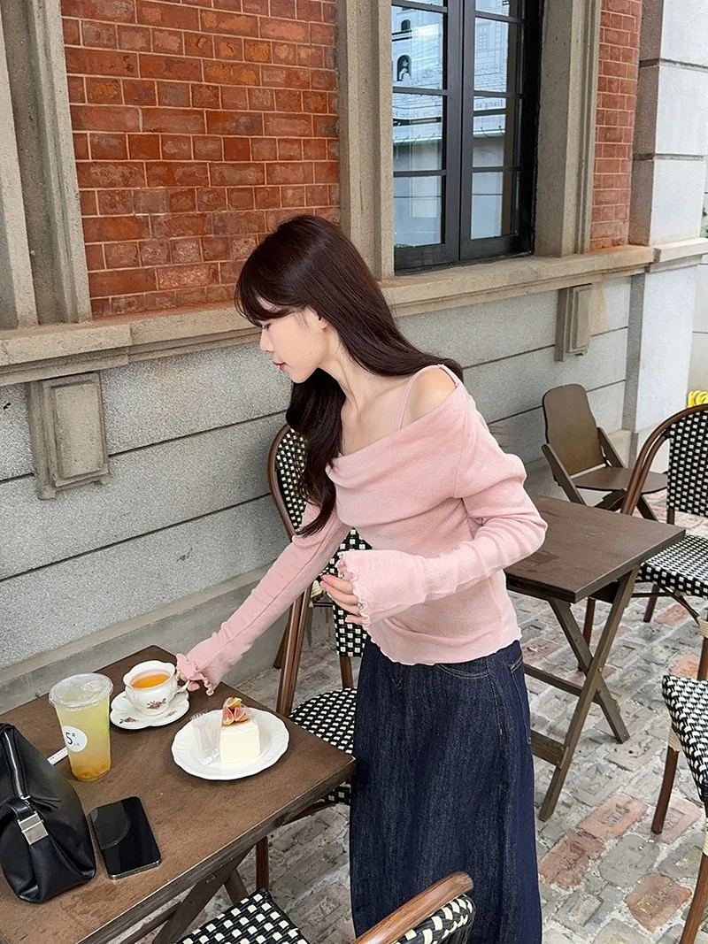 Fake Two-piece Off Shoulder Long Sleeve T-shirt Women's Sexy Slash Neck Flare Sleeve Base Shirt Top Autumn Casual Slim Fit Tops