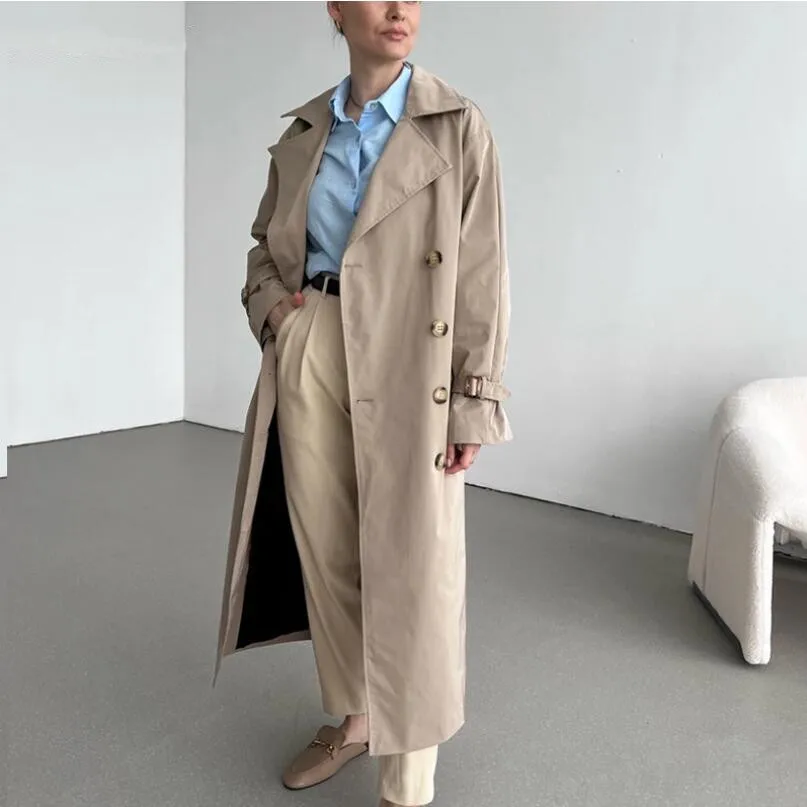 

2022 Trench Coat For Women Coat Long Sleeves Belt Double Breasted Long Overcoat Ladies Windbreaker Jacket Casaco Feminino w433