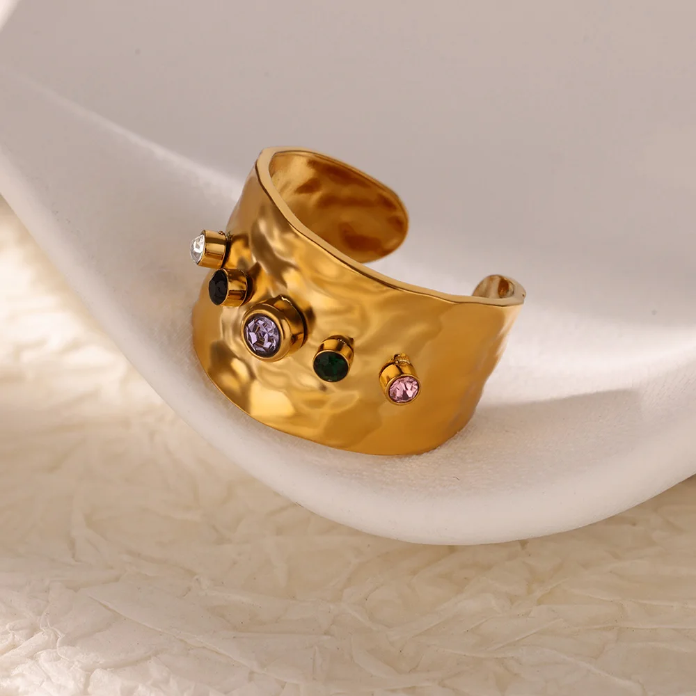 Chunky Zircon Geometric Rings For Women Gold Color Opening Stainless Steel