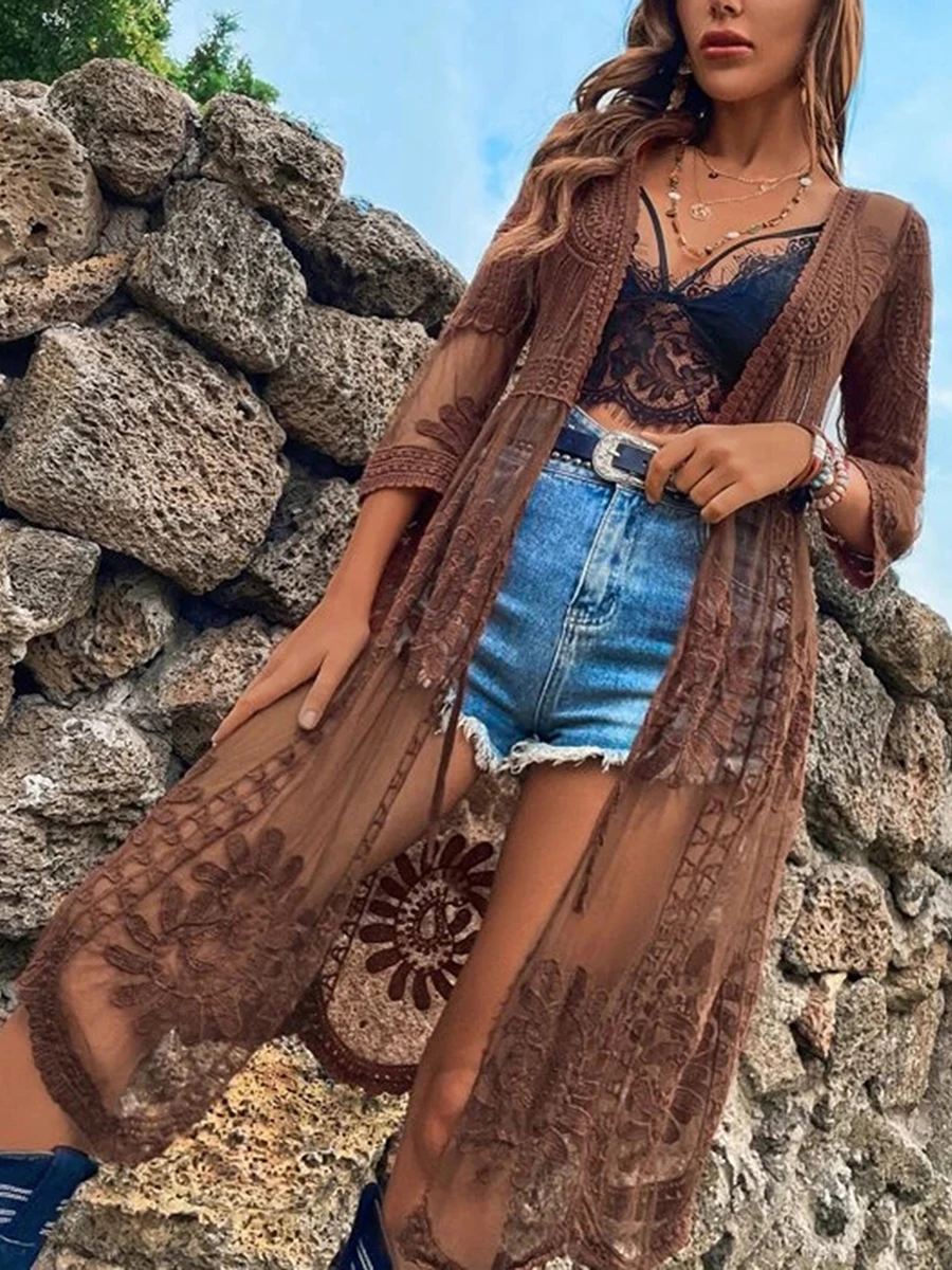 Beach Mesh Blouse for Women Swimsuit Floral Print Lace Open Kimono Beachwear Sun Protection